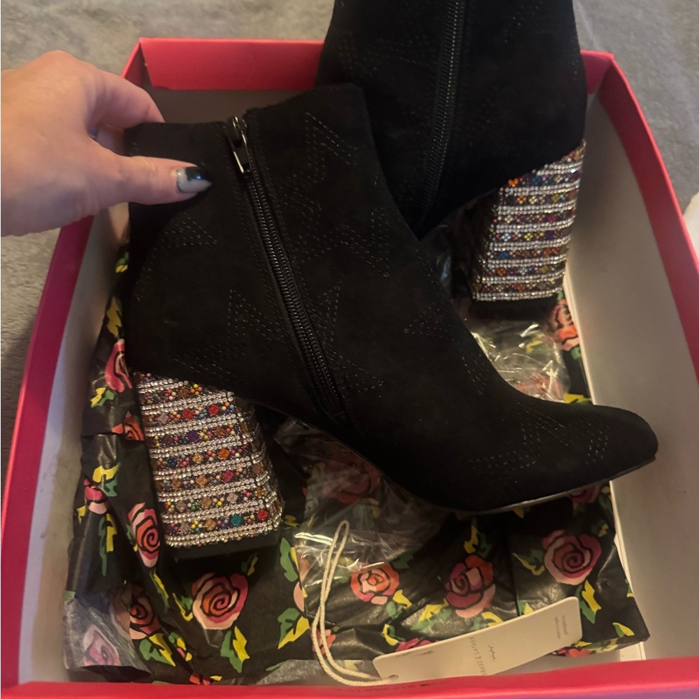Betsey Johnson Black Ankle Boots with Sparkling Multicolor Heel